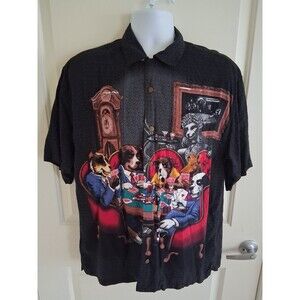 Vintage Y2K Big Dogs Playing Poker AOP Loop Collar Rayon Button Up Shirt Large